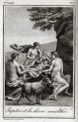 Jupiterbarn fodret af geden Amalthee. Stik fra 1819 i "Lettres a Emilie sur la mythologie" af Charles Albert Demoustier (1760-1801). Privat samling.