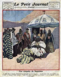 Retshåndhævelse og feminisme i sorte afrikanske lande: En sydafrikansk konge rådfører sig med sine kvinder, før han afsiger dom. Illustration fra „Le Petit Journal“ den 18/12/1921. Privatsamling.