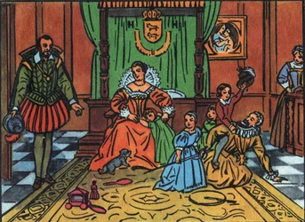 Konge af Frankrig Henrik IV (1553-1610) leger med sine børn foran den spanske ambassadør I midten, dronning Mary af Medicis, er børnene Ludvig XIII, Elizabeth af Frankrig, Christine af Frankrig og Nicolas. Anonym illustration i "" Collectio
