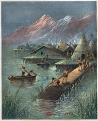 Lake Village, forhistorisk Lake Cite (Village bati sur stilotis) (The palafitte, Palafitta) Gravering fra 1892.