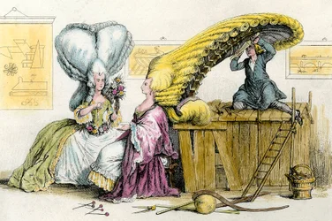 Store excentriske frisurer: unge kvinder af adelen stylet af en paryk. Stik fra 1788 Privatsamling