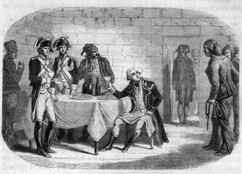 De sidste øjeblikke af hertug Armand Louis de Gontaut de Biron, øverstkommanderende for Rhinens og Vars hære; død 1793 - Indgravering i "Girondinernes historie" af Alphonse de Lamartine (1790-1869) 1865-1866. Privat samling