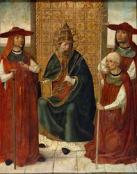 ""Kardinal Pedro Gonzalez de Mendoza beder sammen med Sankt Peter"" (Kardinal Pedro Gonzalez de Mendoza (1428-1495) beder før Sankt Peter) Anonymt maleri 1490-1495 Museo del Prado, Madrid