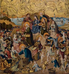 ""Miraklet med de fem brød og to fisk"" Anonymt maleri på træ, omkring 1500 (Miraklet med de fem brød og to fisk af Anonymous) c 1500 - Olie på træ, 68,9x62,7 - Privat samling