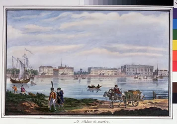 Marmorpaladset og Neva-dæmningen i Sankt Petersborg. Anonym litografi, farvelagt i akvarel, 22 x 32 cm