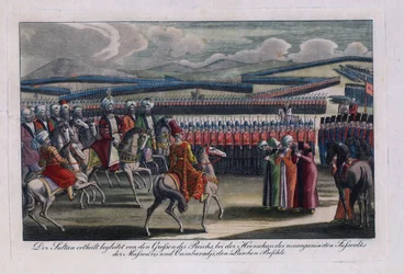 ""Den osmanniske sultan Selim III (1761-1808) gennemgår sit nye infanteri"" Anonym gravering 1806 Privat samling