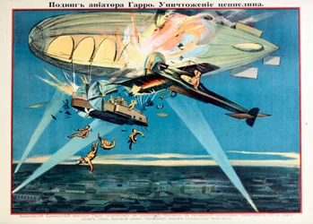 Legende: Roland Garros (1888-1918) dræber sig selv ved at skyde en Zeppelin ned - Roland Garros angriber en Zeppelin af Anonymous