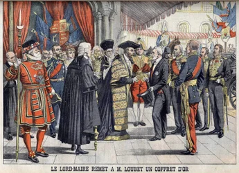 London, Storbritannien. Sir Marcus Samuel overrækker præsident Emile Loubet en guldæske efter receptionen i Guildhall. Le petit Journal, juli 1903.