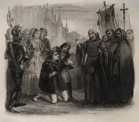 Ludvig XI (1423-1483) beder om hans guerison til Francois de Paule (1416-1507) Indgravering af 1846 i "De helliges liv"". Privat samling.
