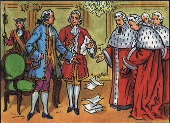 Ludvig XV (1710-1774), konge af Frankrig, nedbryder parlamentets afgørelser. Anonym illustration i ""Samling af Frankrigs suveræner og statsoverhoveder"". 20. århundrede. Privat samling.