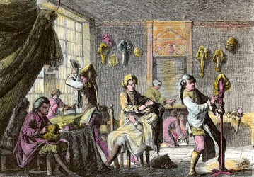 Louis XV-mode: udsigt over det indre af en parykfrisør. Stik omkring 1755. Privat samling