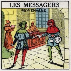 Mail: Budbringere i middelalderen. Anonym illustration af 1925. Privat samling.