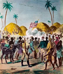 Møde mellem journalisten Henry Morton Stanley (1841-1904) og David Livingstone (1813-1873), britisk læge og opdagelsesrejsende, den 10/11/1871 i Tanzania. Gravering af det 19. århundredes privatsamling