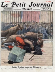 Diverse: en ulykke under et show i et menageri, en løvinde skader tæmmeren alvorligt. Illustration taget fra “” Le petit journal”” fra 15/05/1921 Samling privee