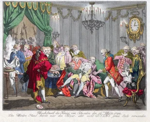Gustav III af Sveriges død (1746-1792) - Mordet på kong Gustav III den 16. marts 1792 - Anonym - 1792 - Radering, akvarel - 33,5x46,3 - Privat samling