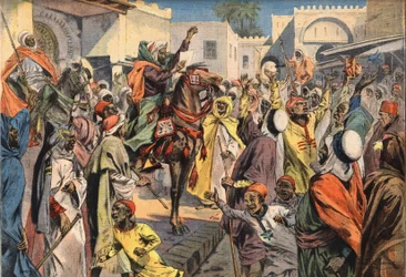 Mouley Hafid (Moulay-Hafid) proklamerer Sultan til Fez: de offentlige råbende annoncerer proklamationen til mængden. Gravering fra avisen "" Le Petite Parisien"", 26/01/1908. Privat samling.