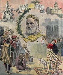 En af "Le petit journal"", der hylder den franske digter og forfatter Victor Hugo (1802-1885) på hundredeåret for hans fødsel. Karaktererne i hans romaner er repræsenteret (Esmeralda, Quasimodo, Cosette). 02/03/1902 Privat samling