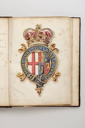 Strømpebåndets orden: Vedtægternes bog, der tilhørte Charles Fitzroy, hertug af Grafton - Hanovrianernes kongelige våben fra 1714 til 1801 (akvarelmanuskript, beg. 1700-tallet)
