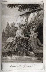 Pan og nymfen Syrinx omdannet til siv (Pan og Nymph Syrinx). Stik fra 1819 i "Lettres a Emilie sur la mythologie" af Charles Albert Demoustier (1760-1801). Privat samling.
