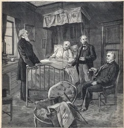 Panamaskandale (Panama-sag): The Chamber of Cornelius Herz (1845-1898) Fransk-amerikansk læge og forretningsmand i Bournemouth: besøg af Dr. Jean Martin Charcot (1825-1893), klinisk læge og neurolog, og Paul Brouardel (1837- 1906) - Indgravering
