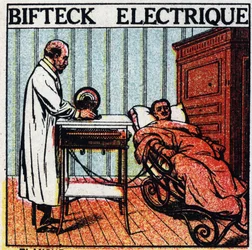 Fysiologiske virkninger af elektrit: elektrisk bøf. Pasning af en patient ved at føre elektricitet gennem hans krop ved hjælp af nøgne metalelektroder. Anonym illustration fra 1925. Privat samling.