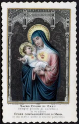 Fromme billede: Jesus som et barn i armene på sin mor Maria, med det hellige hjerte (indgravering)