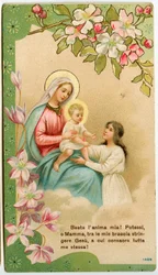 Fromme billede: Jomfru med barn, en from pige tager Jesus i sine arme (kromolitografi)