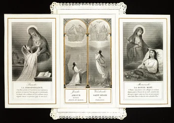 Fromt billede: "" udholdenhed, kærlighed til Jesus og Maria, paradisets hellige begær, den gode død"" Dentelee-kort i tryptisk. 1800-tallets privatsamling