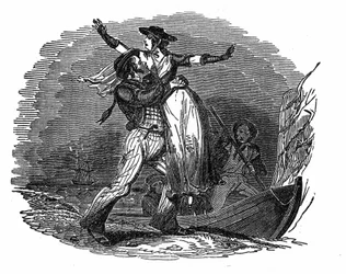 Piraten Charles Gibbs tager en hollandsk pige fra sit skib (begyndelsen af det 19. århundrede). Indgravering af "" Piratens egen bog "" 1837.
