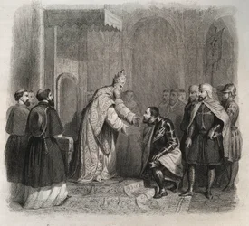 Pave St. Pius V (Pius eller Pio) (1566-1572), der modtager vinderen af slaget ved Lepante. Indgravering fra 1846 i ""De helliges liv"". Privat samling.