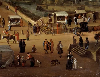 Porterstole og handel på Pont Neuf i Paris i det 17. århundrede Detail. Anonymt maleri. Paris, Musée Carnavalet