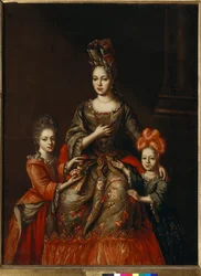 ""Portræt af Anastasia Naryshkina, hustru til guvernøren i Sankt Petersborg, og hendes døtre Alexandra og Tatyana"" Anonymt maleri, tidligt 18. århundrede Dim 180x130,8 cm Statens Tretyakov-galleri, Moskva