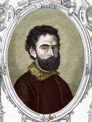 Portræt af Giorgio da Castelfranco dit Giorgione (1477/8-1510). Gravering af 1859 i "" gallerierne i Europa - Italien "" af armengaud. Privat samling.
