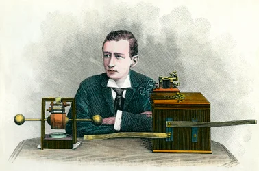 Portræt af Guglielmo Marconi (1874-1937), italiensk fysiker og opfinder af telegrafen. Gravering omkring 1900. Privat samling