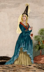 Portræt af Jeanne af Flandern (1295-1374), hustru til Jean de Montfort, hertug af Bretagne (1293-1345). Stik fra 1859 i "" Le Monde. Alle folkeslags historie fra de fjerneste tider til i dag”. af M. E. de Lostalot-Bachoue (Lostalot Bachoue). Pr