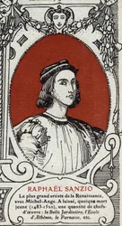 Portræt af den italienske renæssancemaler Raphael (Raffaello Sanzio 1483-1520). Stik fra 1914. Privat samling.