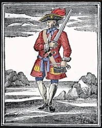 Portræt af piraten Jack Rackham, kaldet den Røde eller John Rackham, bedre kendt som Calico Jack (? 1720). Kobberstik