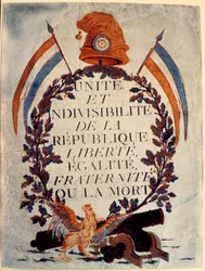 Plakat fra den Franske Revolution: «Republikkens enhed og udelelighed, frihed, lighed, broderskab eller døden»