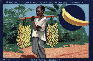 Produktioner over hele verden: Banan i Gabon. Chromolithography fra 1933 i "" Joseph-Milliat Album""