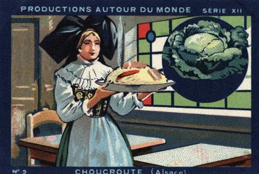 Produktioner over hele verden: Sauerkraut i Alsace. Chromolithography fra 1933 i "" Joseph-Milliat Album""