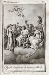 Psyche præsenteret for den himmelske domstol. Stik fra 1819 i "Lettres a Emilie sur la mythologie" af Charles Albert Demoustier (1760-1801). Privat samling.