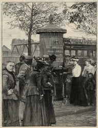 Offentlig hygiejne: indbyggere i Paris bruger en af filtreevandfontænerne installeret i det 15. arrondissement. Disse springvand har et Chamberland Pasteur-systemfilter. Stik i “Le monde illustree”” fra 1892. Privat samling.