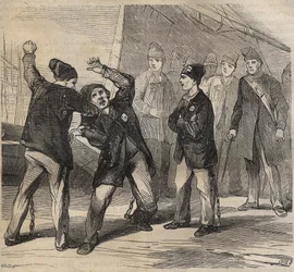Pugilat-scene ved Toulon Bagne i det 19. århundrede. Indgravering i "Fangernes historie fra deres skabelse til i dag"" (1877) af Pierre Zaccone (1817-1895) (Colonia Penale - Straffekoloni). Privat samling.