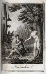 QUERCULANES, nymfer, kanalbeskyttere. Stik fra 1819 i "Lettres a Emilie sur la mythologie" af Charles Albert Demoustier (1760-1801). Privat samling.