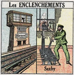 Jernbaner: sammenlåsende. En jernbane ved hjælp af en Saxby-station med individuelle løftestænger. Anonym illustration fra 1925. Privat samling.