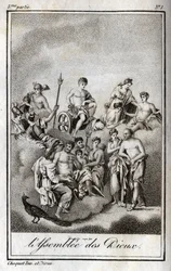 Repræsentation af gudernes forsamling på Olympus-bjerget eller de tolv olympiere. Stik fra 1819 i "Lettres a Emilie sur la mythologie" af Charles Albert Demoustier (1760-1801). Privat samling.