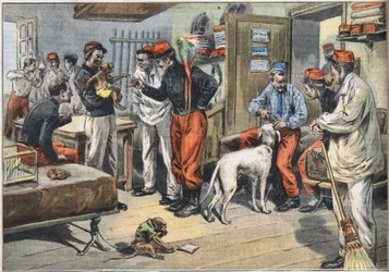 Vender tilbage fra Afrika af den franske hær soldater sendt til Tunesien. Gravering fra avisen "" Le Petité Parisien"", 7/06/1908. Privat samling.