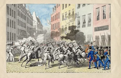 Revolution de Juillet 1830 a Paris (Julirevolutionen 1830) Anonym gravering og akvarel 1830 Dim 25,7x40,3 cm Privat samling