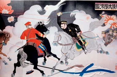 Russisk-japansk krig (1904-1905) Japansk tryk, der skildrer slaget mellem to ryttere. Begyndelsen af det 20. århundredes privatsamling