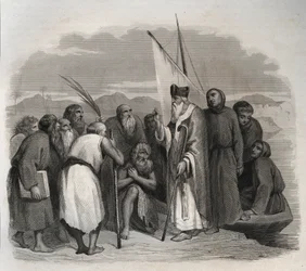 Sankt Athanasius af Alexandria (Athanasius den Store) (295-373) på besøg i Egyptens solitærer. Indgravering fra 1846 i ""De helliges liv"". Privat samling.
